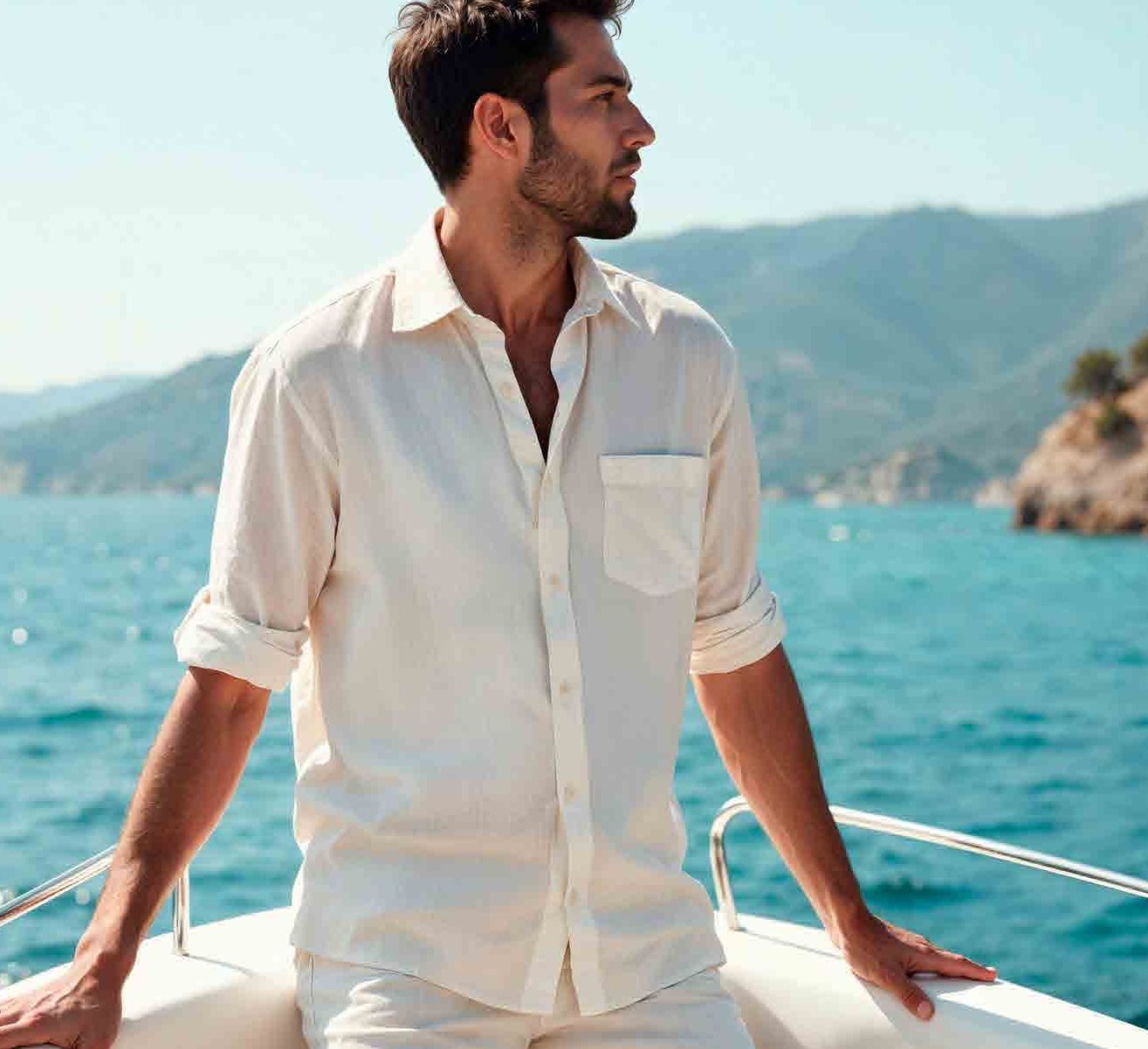 Model in an open cream shirt on a boat